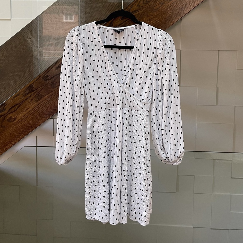 Plisse polka dot dress puff sleeve